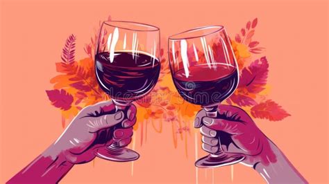 Two Hands Holding Glasses Of Red Wine Flat Illustration In Pop Art