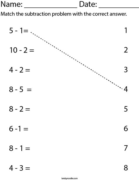 Subtraction Matching Math Worksheet - Twisty Noodle