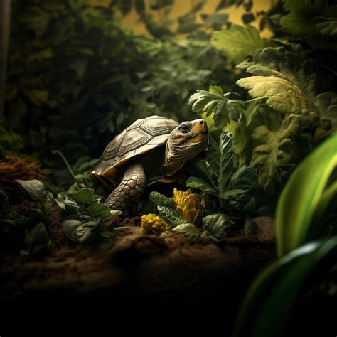 Premium Photo Tortoise In A Small Jungle Eating Green Leafs And