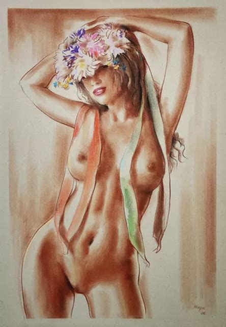 Akt Nude Naked Woman Frau Nue Femme Blumenkranz Zeichnung Drawing