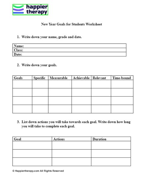 New Year Goals For Students Worksheet HappierTHERAPY