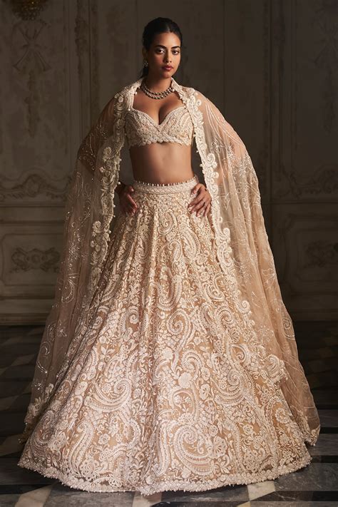 Buy Beige Organza Embroidered Pearl Paisley Pattern Bridal Lehenga Set