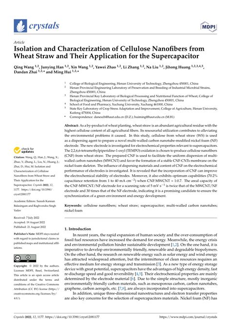 Pdf Isolation And Characterization Of Cellulose Nanofibers From Wheat