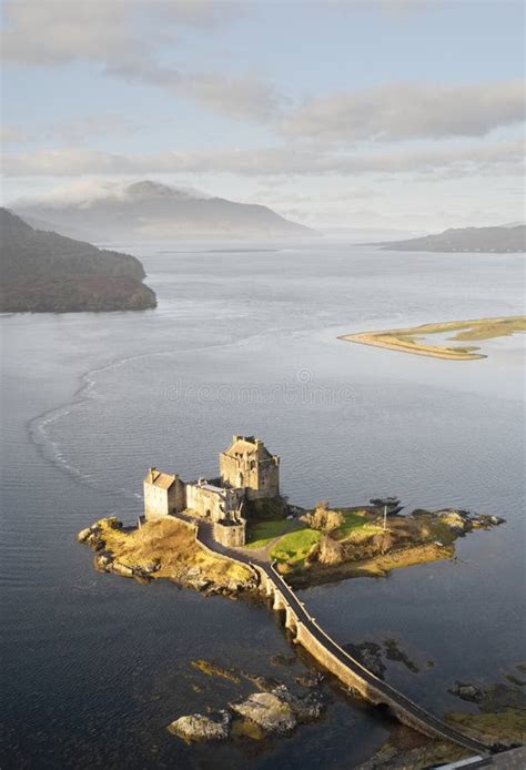 Eilean Donan Castle Aerial View From Above At Sunrise Stock Photo