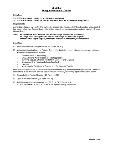 Greene County, Ohio Checklist - Filing Authenticated Copies - Fill Out ...