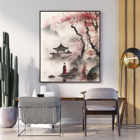 Digital Art Asian Ancient Fantasy Landscape With Blossom Printable Wall Art Digital Art Asian