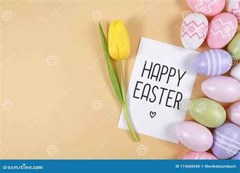 `happy Easter` Text Card Surrounded By Easter Eggs And Single Yellow