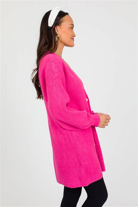 Pearl Button Cardigan Hot Pink Sale The Blue Door Boutique