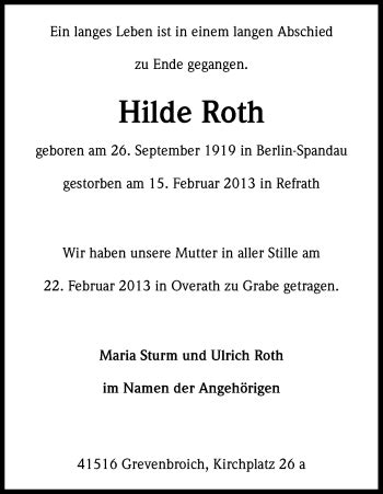 Traueranzeigen Von Hilde Roth Wirtrauern