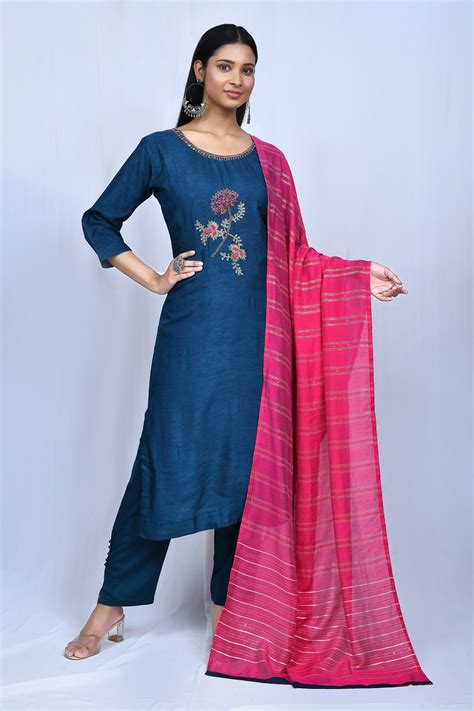 Buy Blue Dola Silk Embroidered Cutdana Kurta Set With Contrast Dupatta