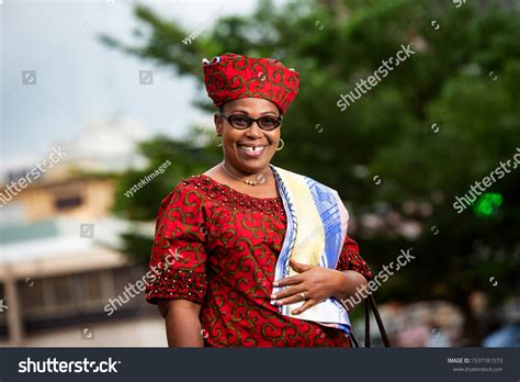 Beautiful Mature African Woman Standing Traditional Stock Photo