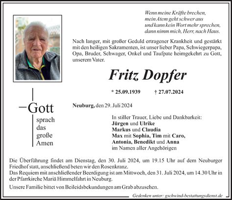 Traueranzeigen von Fritz Dopfer Allgäuer Zeitung