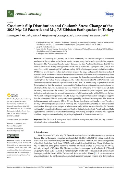 Pdf Coseismic Slip Distribution And Coulomb Stress Change Of The