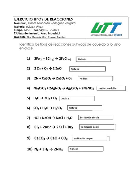 Ejercicio Tipos De Reacciones QuÍmicas Pdf