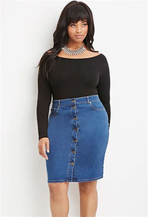 Plus Size Button Front Denim Skirt Forever 21 Plus 2000147104 Denim Outfit Plus Size