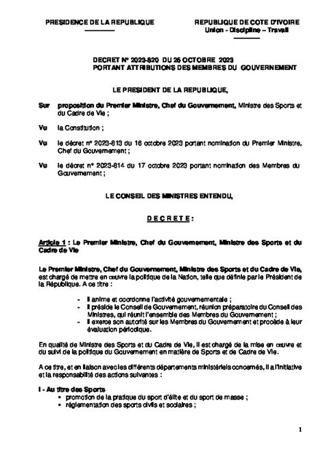 Décret n 2023 820 du 25 octobre 2023 portant attributions des Membres