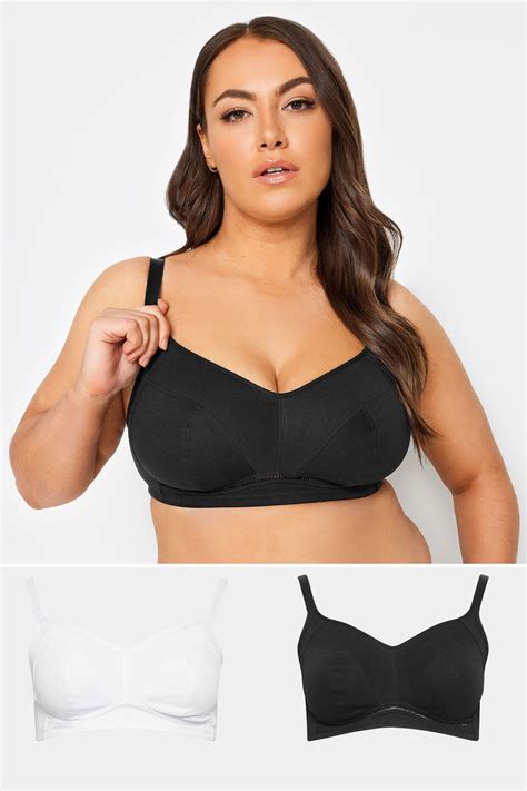 2 Pack Black And White Non Wired Cotton Bras Yours Clothing