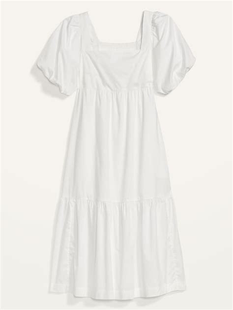 Fit Flare Puff Sleeve Cotton Poplin Smocked All Day Midi Dress For