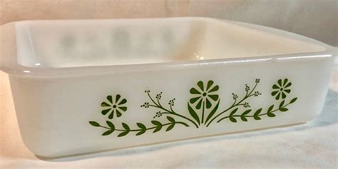 Vintage Pyrex Square Baking Dish Green Floral Pattern