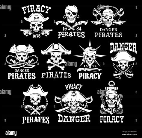 Jolly Roger Skulls Or Pirate Skeleton Head Icons On Black Flag