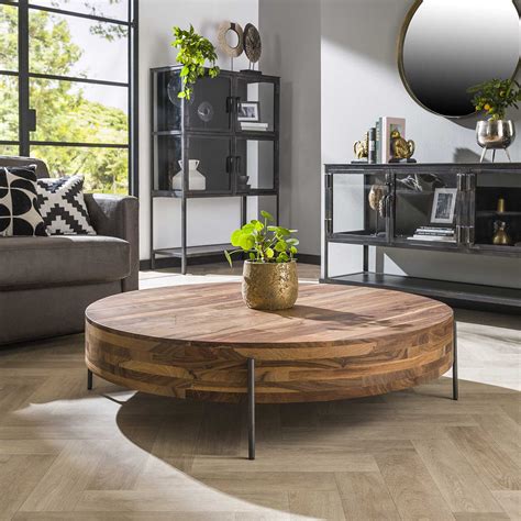 Table Basse Ronde Industrielle En Noyer Massif Naturel Dalton Matelpro