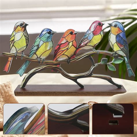 Stained Glass Birds On Branch Desktop Ornaments Metal Vivid Craft