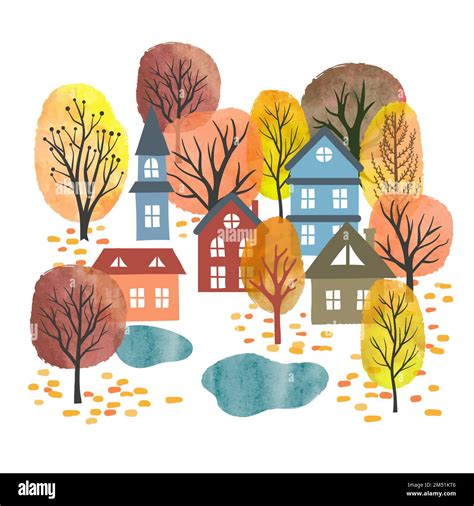 Autumn Landscape Small Town Vector Illustration Watercolor Autumn