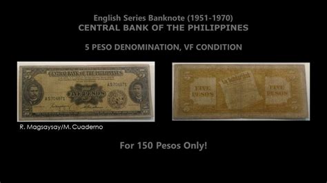 Peso English Series Banknote R Magsaysay M Cuaderno Hobbies Toys