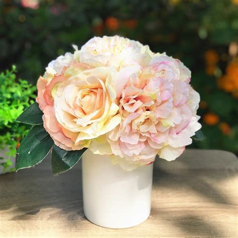 Enova Home Champagne Artificial Silk Peony And Roses Mixed Fake Flowers