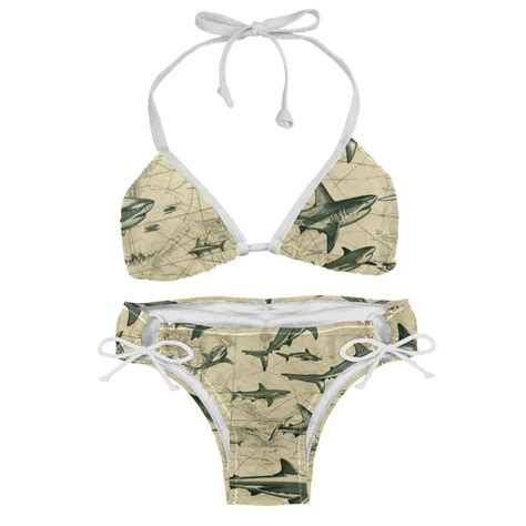 HEOEH Women S Halter Tie Side Triangle Bikini Set Vintage Map And Sharks Pattern Two Piece
