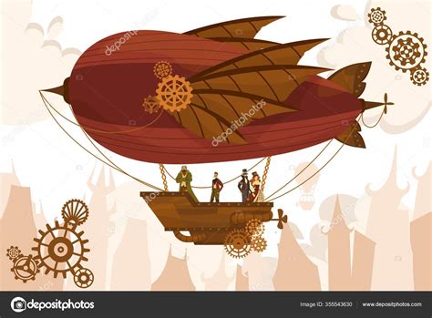 Personnages D Quipe Sur Ballon Dirigeable Steampunk Illustration