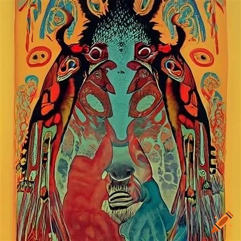 Colorful Serigraph Featuring Native Salish Motifs And Fantasy Creatures