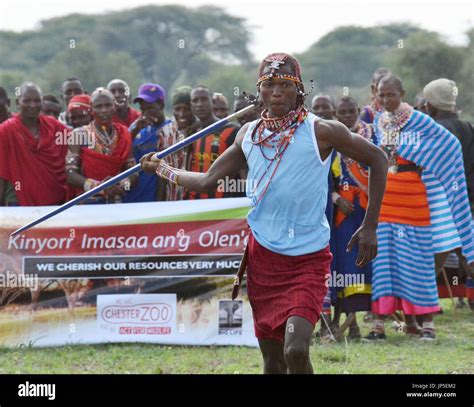 Kimana Kenya A Maasai Warrior Throws A Spear At The Maasai Olympics