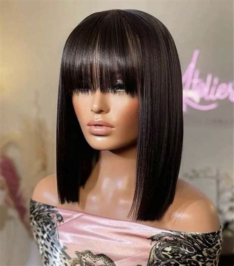 Perruque Naturelle Frange Cheveux Humains Noir Lisse Pouces