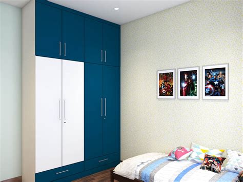 Floor To Ceiling Bedroom Wardrobe In Blue And White Matte Finish Homelane