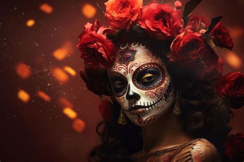 Premium AI Image | Day of the dead closeup portrait of Catrina with colorful skull makeup ...