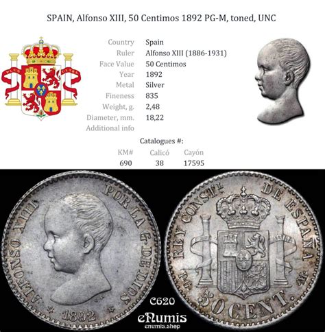 SPAIN Alfonso XIII 50 Centimos 1892 PG M Toned UNC