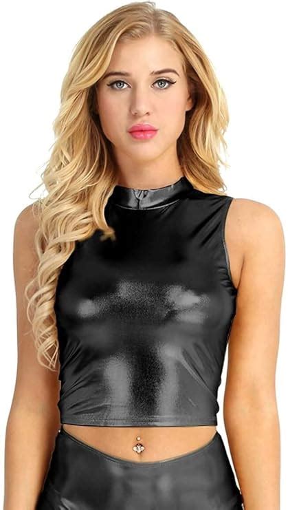 Ericcay Damen Tops Wetlook Glänzend Crop Top Ärmellos Kunstleder Shirt