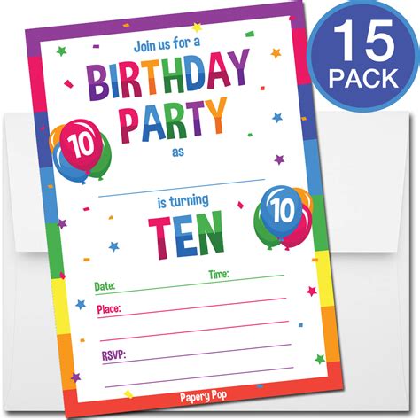 10 Year Old Birthday Party Invitations with Envelopes (15 Count) - Kid ...