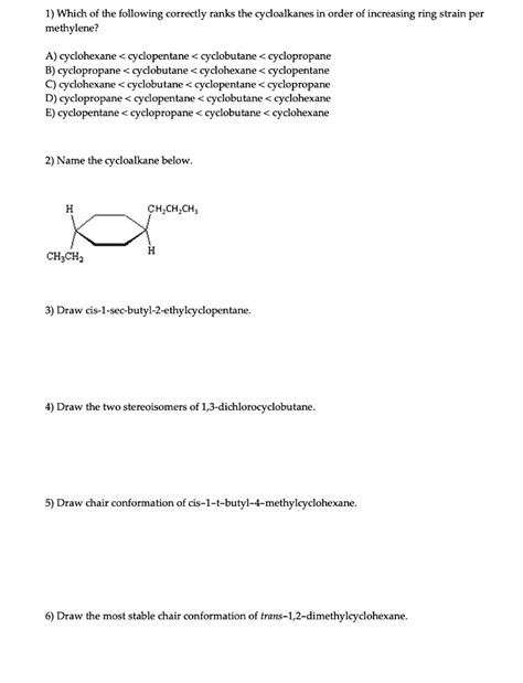 SOLVED Which Of The Following Correctly Ranks The Cycloalkanes In