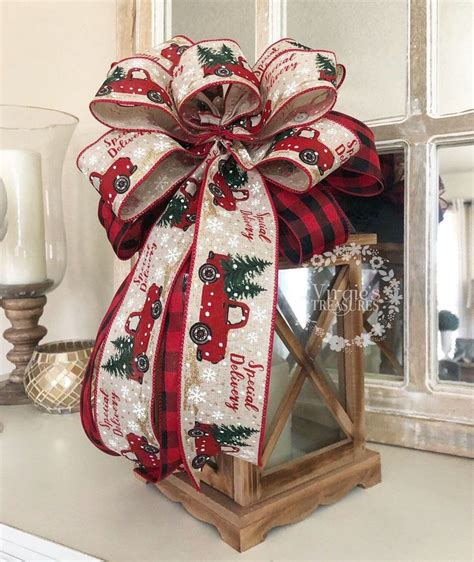 Lantern Bow Wreath Wired Bow Red Truck Bow Buffalo Plaid Bow