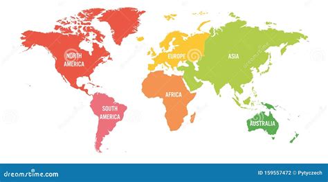 World Map Divided Into Six Continents Each Continent In Different Color Stock Vector