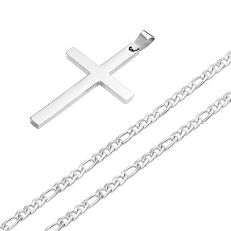 Waterproof Cross Necklace Mens Silver Cross Pendant Figaro Etsy