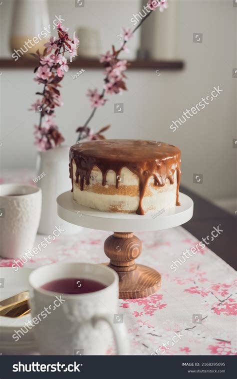 Naked Sponge Cake Whipped Cream Caramel Stock Photo 2168295095