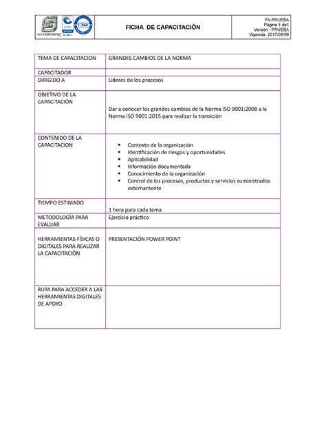 Ficha DE Capacitación Cambios DE LA Norma FICHA DE CAPACITACIÓN