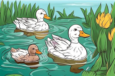 Premium Photo A Cartoon Drawing Of A Duck And Two Ducks Swimming In