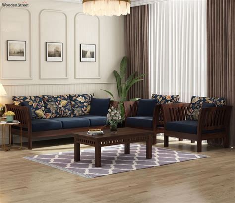 Buy Raiden Wooden Sofa Set Walnut Indigo Dusky Leaf At 20 OFF Online