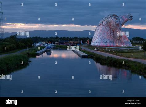 The Kelpies Sculpture Illuminated At Night Falkirk Stirling Stock