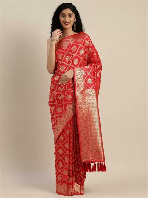 Vastranand Women Red Silk Blend Woven Design Saree Jiomart