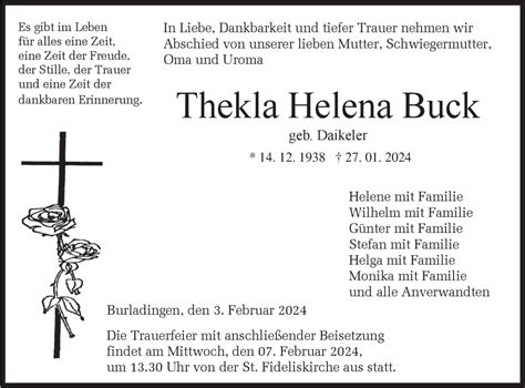 Traueranzeigen von Thekla Helena Buck Südwest Presse Trauer